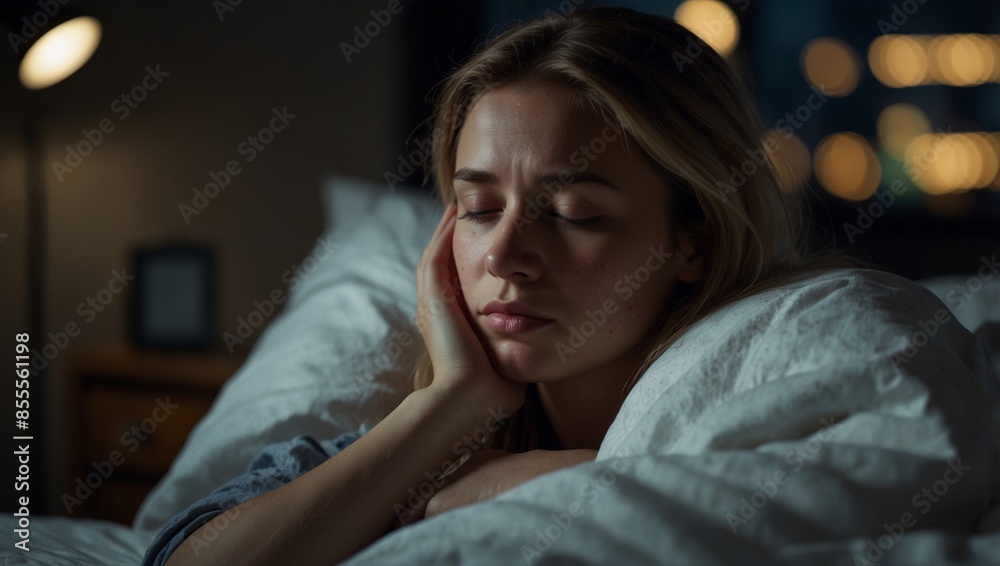 Depressed woman awake in the night, she is exhausted and suffering from insomnia, with copy space. Depressed woman awake in the night, she is exhausted and suffering from insomnia, with copy space.