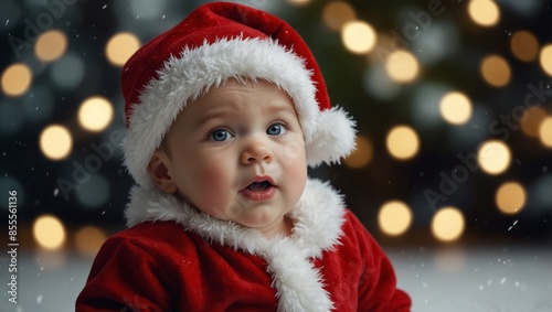 Cute baby boy in Santa Claus costume on blurred snowy Christmas background, with copy space, Christmas holiday celebrating concept.