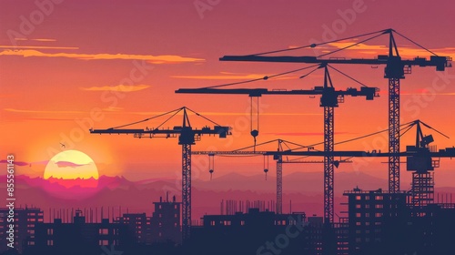 Silhouettes of construction cranes against a vibrant sunset sky.
