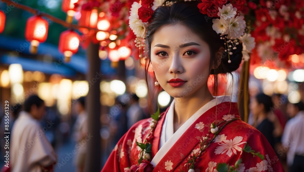 Graceful Japanese Lady in Red Kimono Adorned with Flowers at Obon Festival. Graceful Japanese Lady in Red Kimono Adorned with Flowers at Obon Festival.