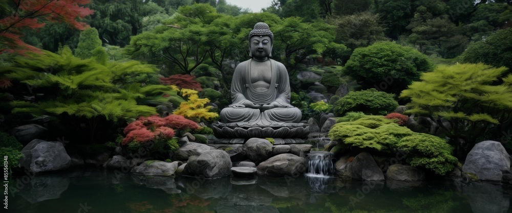 weathered stone Buddha statue overlooking a serene Japanese weathered stone Buddha statue overlooking a serene Japanese
