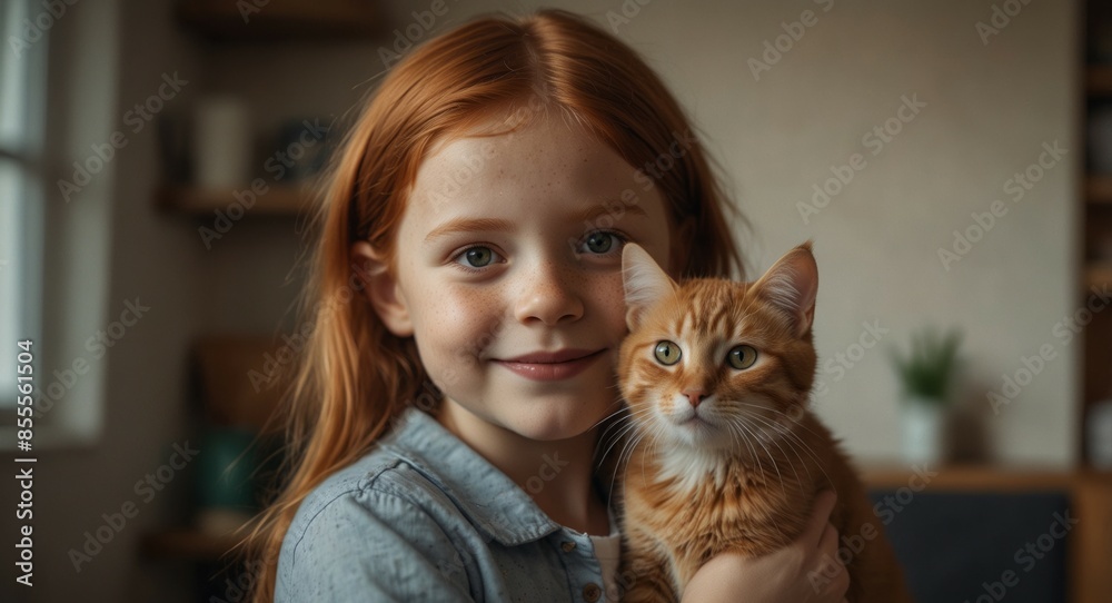 Happy toddler girl hugging her beautiful redhead cat at home with copy space Love to the animal. Happy toddler girl hugging her beautiful redhead cat at home with copy space Love to the animal.
