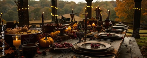 Outdoor rustic dining table set with autumn decor, candles, and seasonal food for a festive gathering in a picturesque countryside setting. © Tin