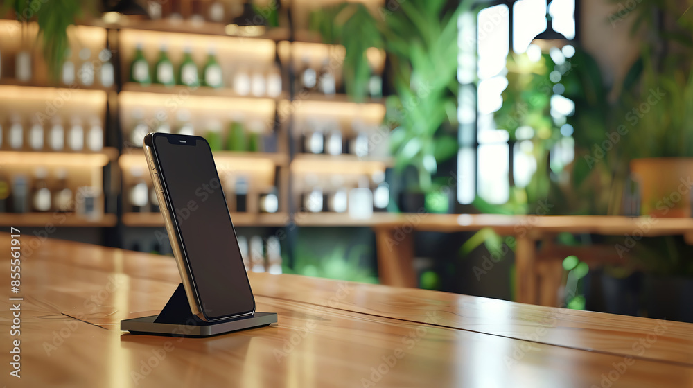 A black smartphone stands upright on a wooden table in a modern cafe setting. The background features a bar with shelves of alcohol bottles and green plants. A black smartphone stands upright on a wooden table in a modern cafe setting. The background features a bar with shelves of alcohol bottles and green plants.