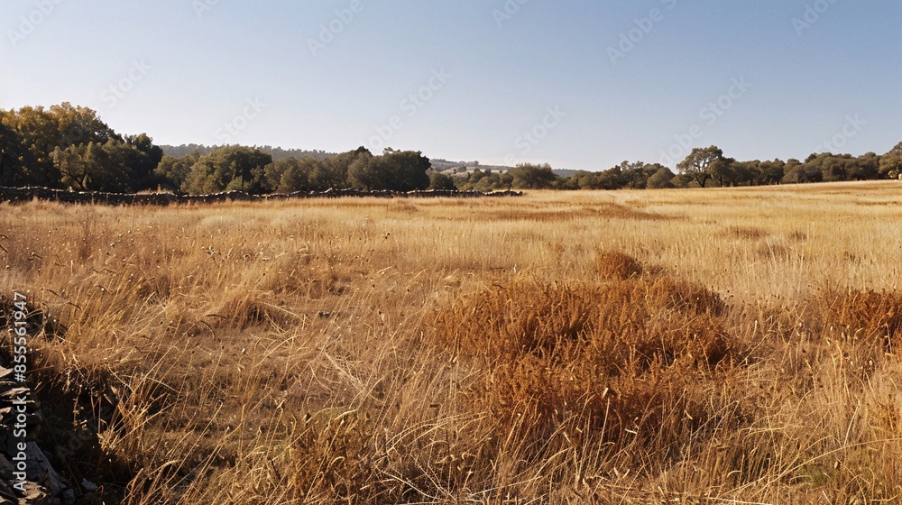 A high-resolution image of a field filled with tall, dry, brown grass interspersed with similarly dry and brown weeds; the field is enclosed by a weathered stone wall, with a line of distant trees A high-resolution image of a field filled with tall, dry, brown grass interspersed with similarly dry and brown weeds; the field is enclosed by a weathered stone wall, with a line of distant trees