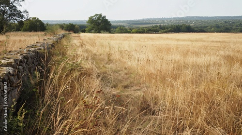 A high-resolution image of a field filled with tall, dry, brown grass interspersed with similarly dry and brown weeds; the field is enclosed by a weathered stone wall, with a line of distant trees