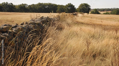 A high-resolution image of a field filled with tall, dry, brown grass interspersed with similarly dry and brown weeds; the field is enclosed by a weathered stone wall, with a line of distant trees photo
