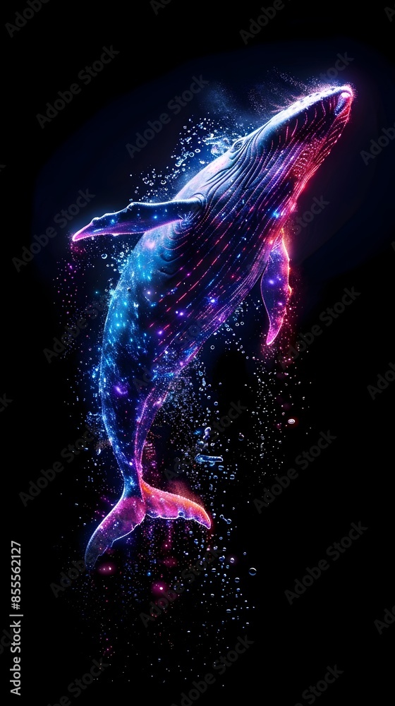 Neon Whale Breaching in Luminous Spray on Black Background