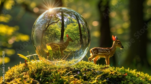 A bubble floating in the air, reflecting a serene forest scene with a deer, capturing a moment of tranquility and nature's beauty photo