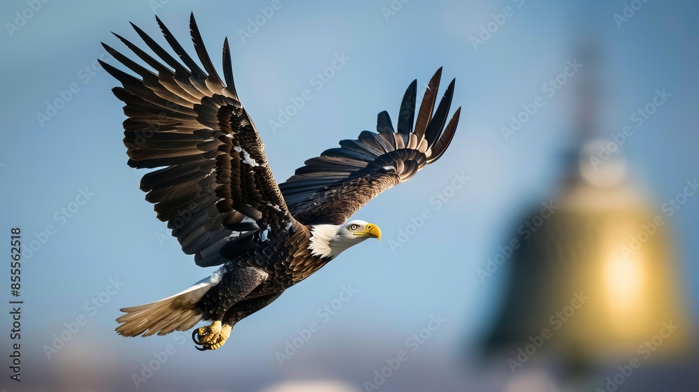 Obraz premium Bald eagle soaring over the Liberty Bell, clear blue sky, detailed feathers, wide-angle shot, high-resolution clarity, patriotic and symbolic scene,