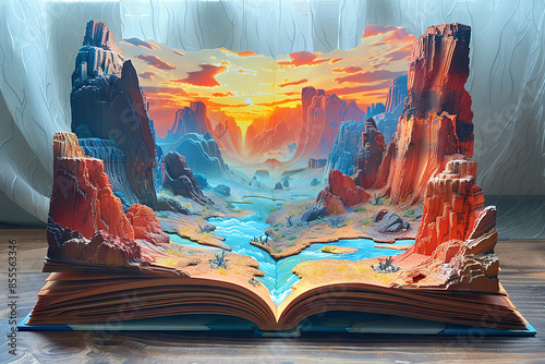 A vertically open book that presents beautiful and bright travel scenery photo