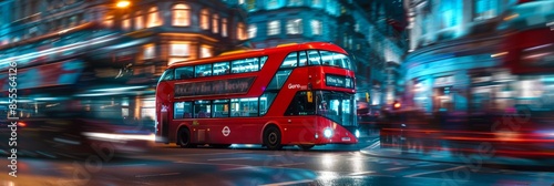 Red double-decker bus in a bright city at night, illuminated by streetlights and city lights, creating a vibrant scene photo
