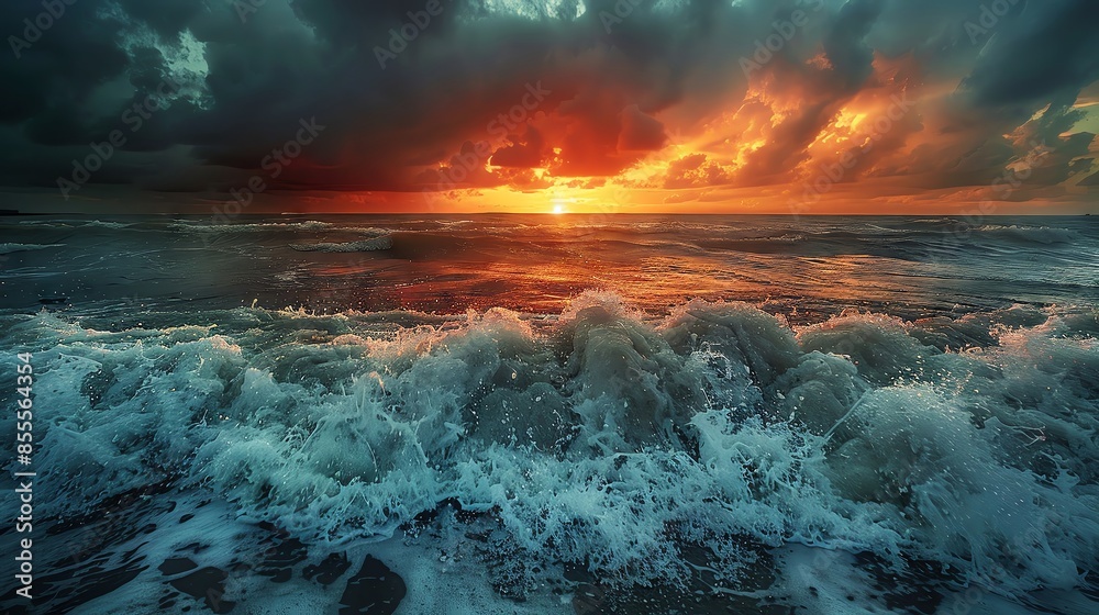 Fototapeta premium Dramatic sunset over a stormy ocean with crashing waves.
