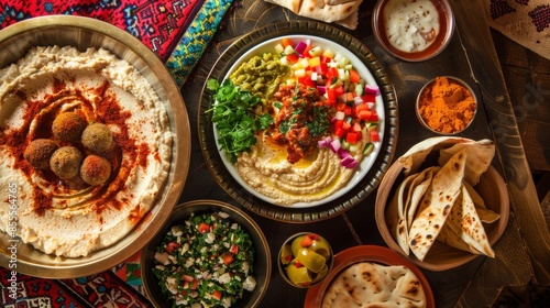 A sumptuous platter of Middle Eastern mezze including hummus, falafel