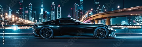 At night, a black sports car is parked in the city. Its powerful stance is complemented by the bright city lights, adding glamour to the scene