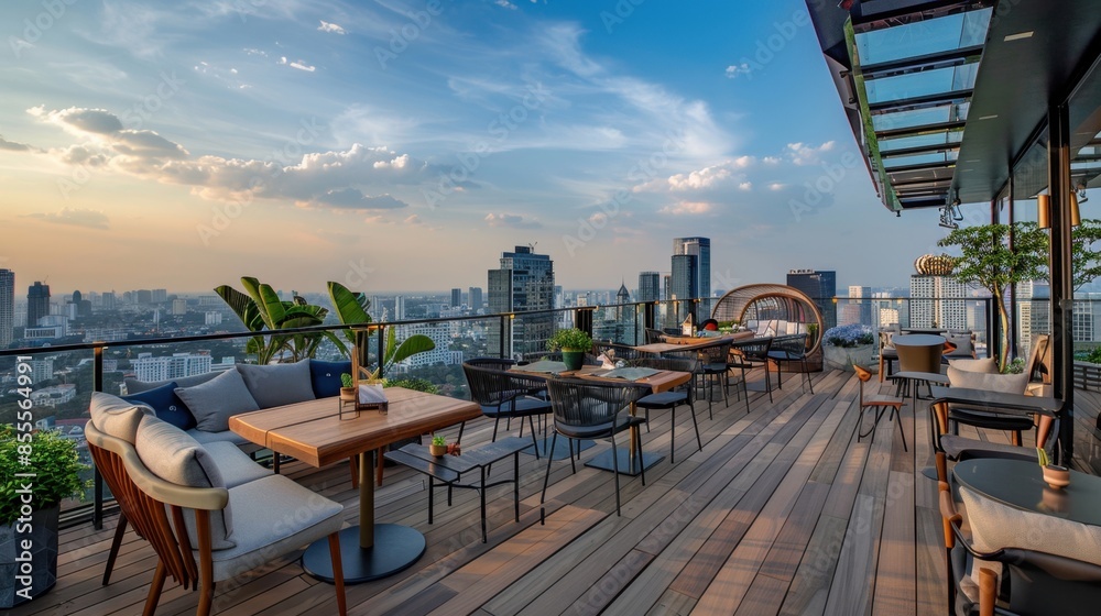 Fototapeta premium A rooftop coffee shop with panoramic city views, modern furniture, and a chic, upscale atmosphere, situated on top of a skyscraper. --ar 16:9 --style raw Job ID: 5c61165f-efbe-4c1a-b40b-22c6e1f28028