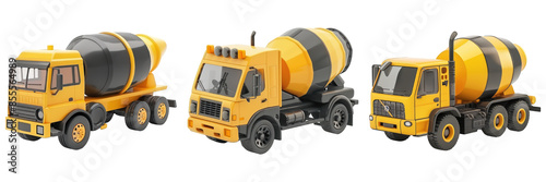 Set of Concrete Mixer Truck Yellow and Black isolated on transparent png background illustration. Generative ai