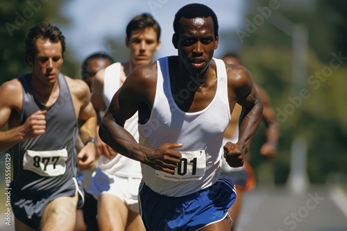 diverse runners competitive race towards finish line with determination action photograph