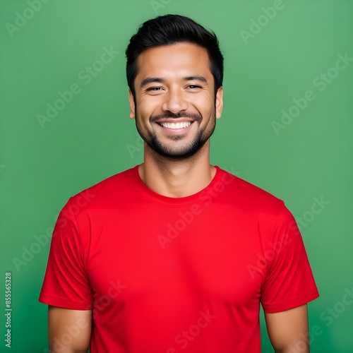 A smiling man wearing a red t-shirt without any logo or text and black pent    isolated green background, Ai Generated photo