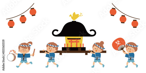日本の夏祭り　お神輿をかつぐ子供のイラスト