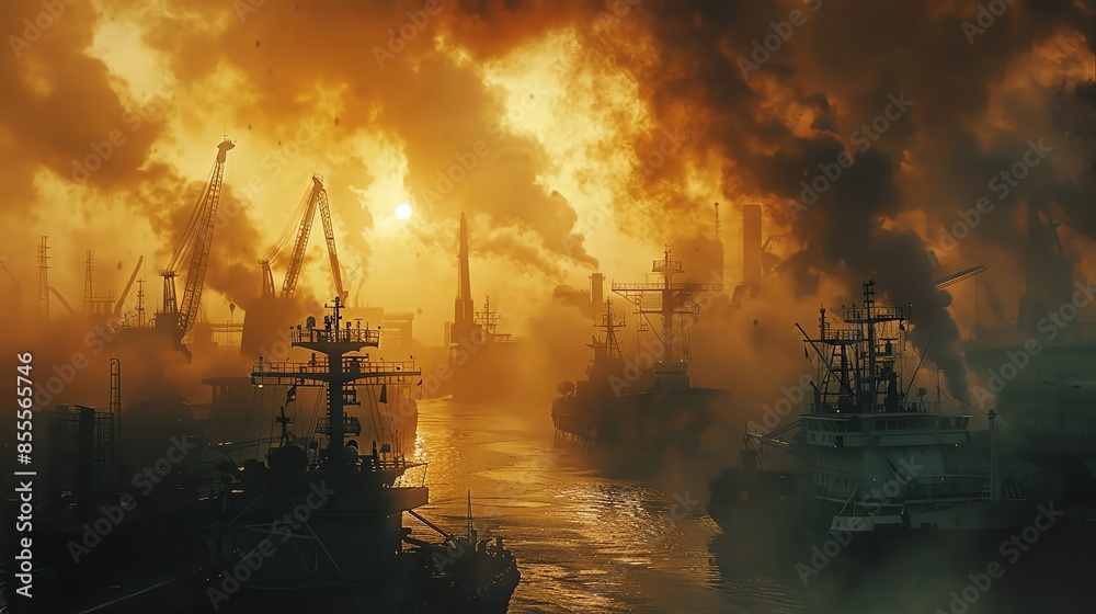 Fototapeta premium An industrial harbor with ships and cranes silhouetted against a smoky sky, creating a dramatic scene