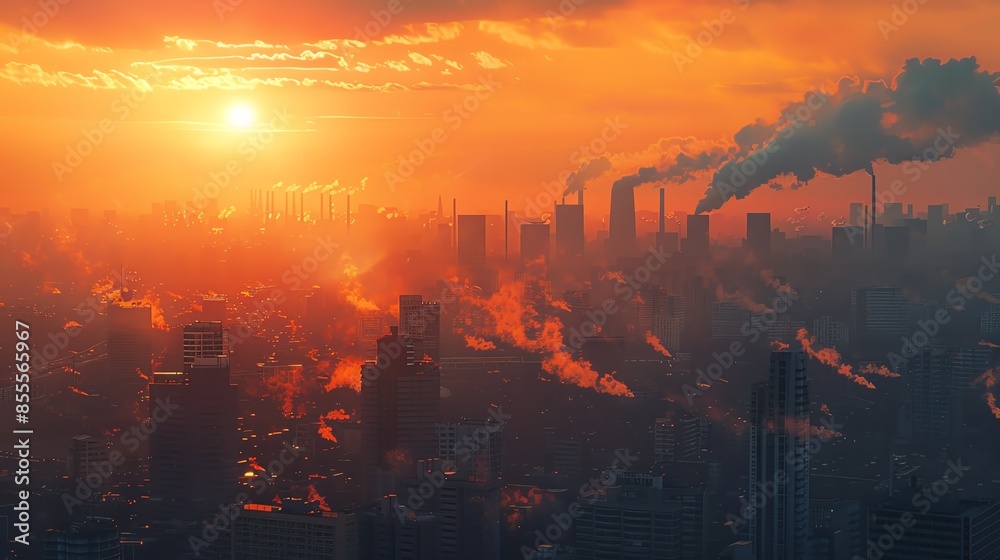 Fototapeta premium An urban skyline at dusk, the city covered in a layer of smog and pollution, creating a dramatic scene