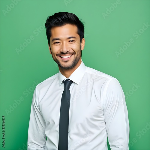 A smiling man wearing a red t-shirt without any logo or text and black pent    isolated green background, Ai Generated