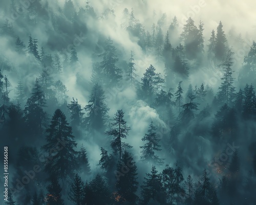 A dense forest suffering from pollution, with trees covered in soot and a smoky haze in the air photo