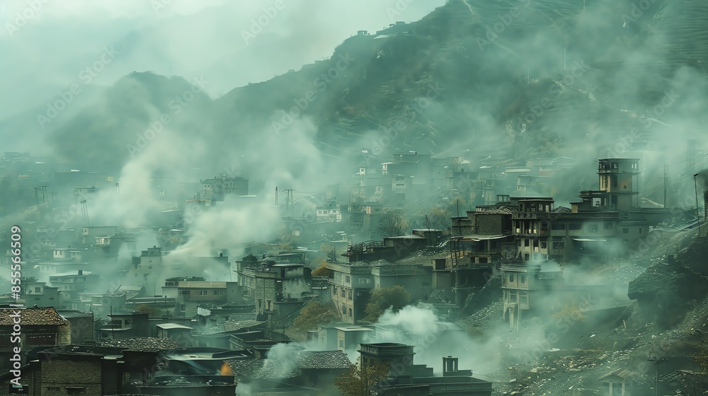 Fototapeta premium A mountain village overshadowed by a coal mine, smoke and dust affecting the pristine landscape