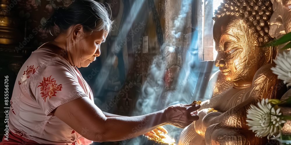 A Burmese lady in prayer and applying gold leaf to a statue of Buddha in a pagoda in Burma A Burmese lady in prayer and applying gold leaf to a statue of Buddha in a pagoda in Burma