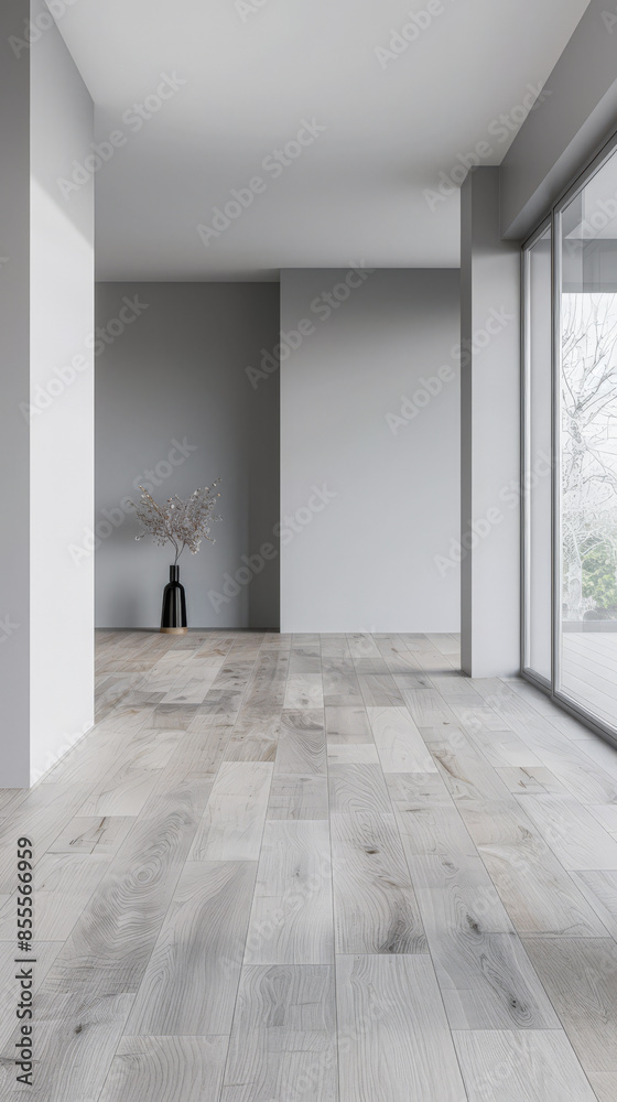 Fototapeta premium Empty room interiors in neutral tones with minimal or no furniture in a residential interior design composition. Apartment interior with ample copy space.