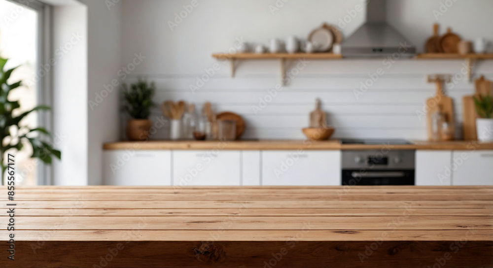 empty wooden table mockup with blurred background of white kitchen room empty wooden table mockup with blurred background of white kitchen room