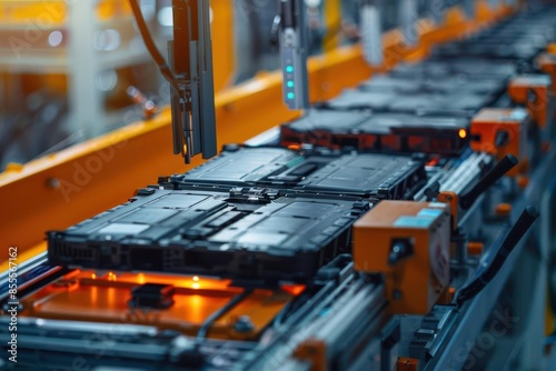 electric vehicle battery cell production line closeup of assembly process © furyon