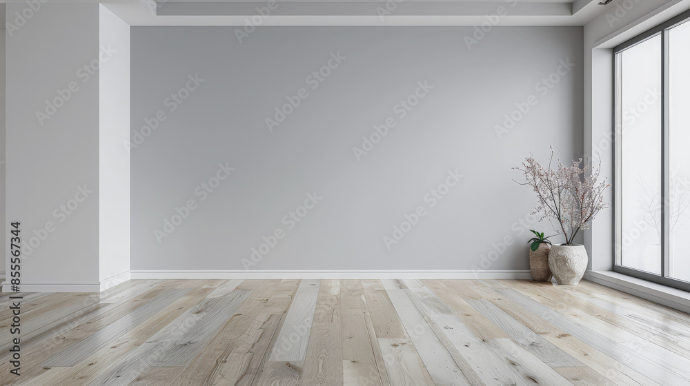 Fototapeta premium Empty room interiors in neutral tones with minimal or no furniture in a residential interior design composition. Apartment interior with ample copy space.