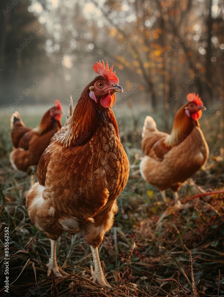 Fototapeta premium Moody lighting on chickens in a rural setting, wandering through a misty meadow, close up, countryside life, vibrant, composite, rustic farmhouse backdrop