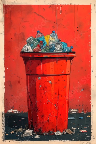 a vintage illustration of a full trash bin on a carrelage rouge et blanc, print , screenprint, Applats , vival colors spectrum