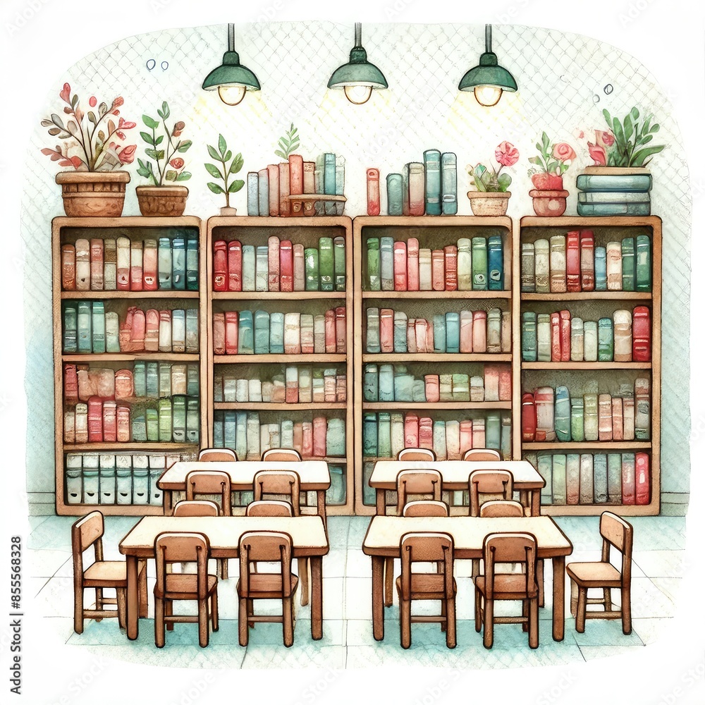 Library clipart with rows of bookshelves and reading tables. watercolor illustration, Perfect for nursery art, simple clipart, single object, white color background.
Library clipart with rows of bookshelves and reading tables. watercolor illustration, Perfect for nursery art, simple clipart, single object, white color background.