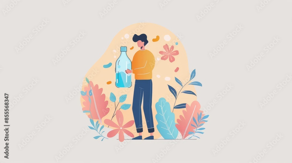 A man holding a plastic bottle surrounded by flowers and plants, promoting recycling and environmental awareness. A man holding a plastic bottle surrounded by flowers and plants, promoting recycling and environmental awareness.
