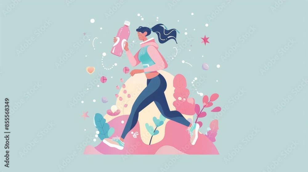 Woman running with a water bottle in hand. Woman running with a water bottle in hand.