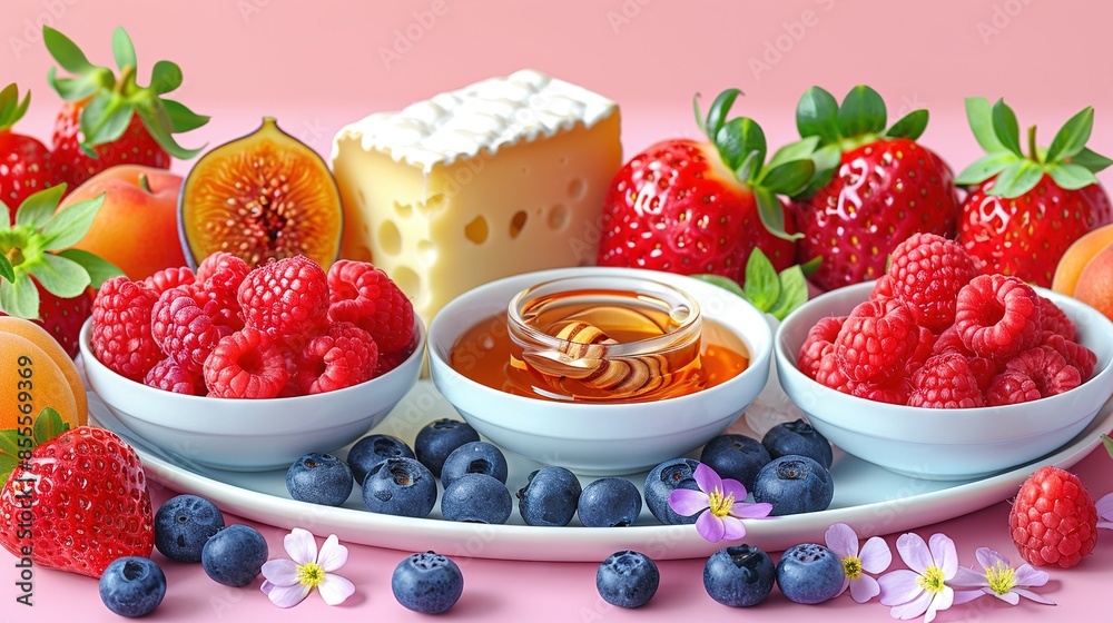 Fruit, honey, pink surface, flowers, cake Fruit, honey, pink surface, flowers, cake