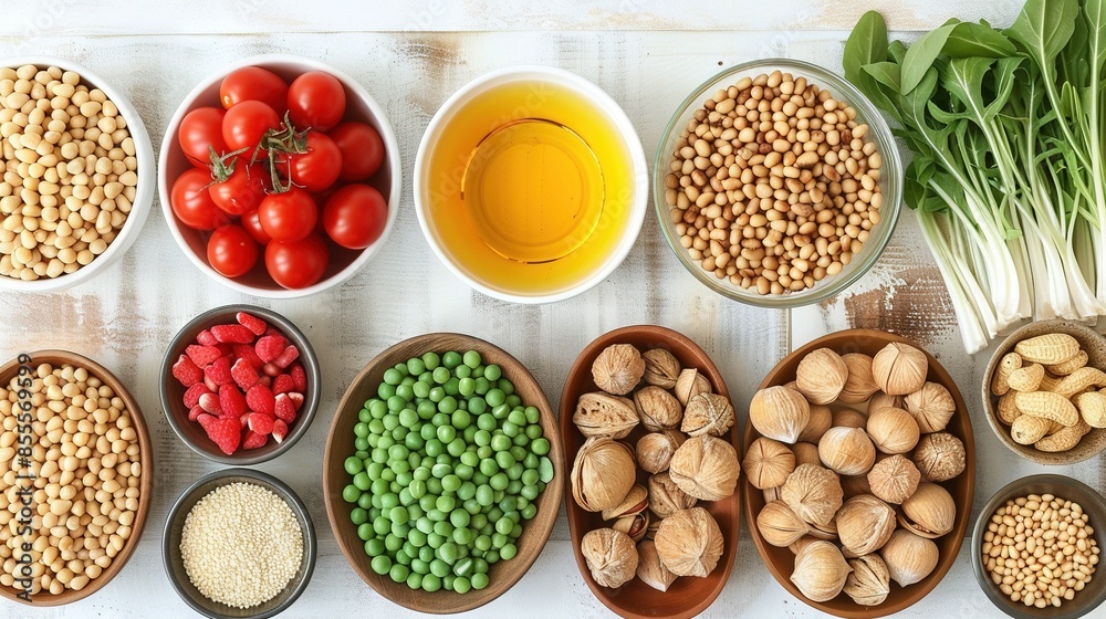 A photo of a table laden with assorted bowls of fruits, vegetables, and a bowl of mixed nuts and veggies A photo of a table laden with assorted bowls of fruits, vegetables, and a bowl of mixed nuts and veggies