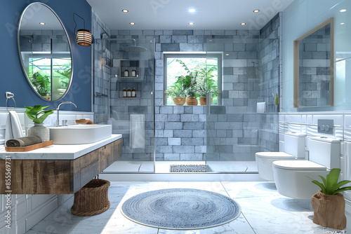 White Tile Bathroom with Round Mirror photo