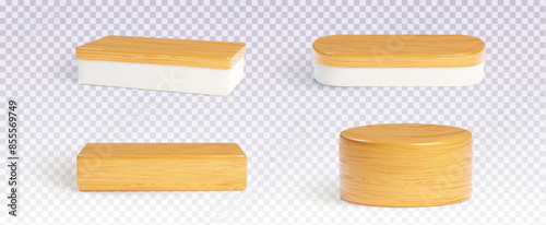 Wooden platforms set isolated on transparent background. Vector realistic illustration of round, oval, rectangular podiums or boxes made of natural wood, product presentation stand, interior design