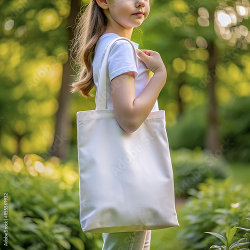 Tote bag mockup. Girl carrying reusable white cotton linen eco organic fabric canvas blank totebag with natural green leaves trees background. AI generated