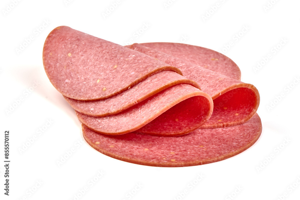 Thin salami sausage slices, isolated on white background. Thin salami sausage slices, isolated on white background.