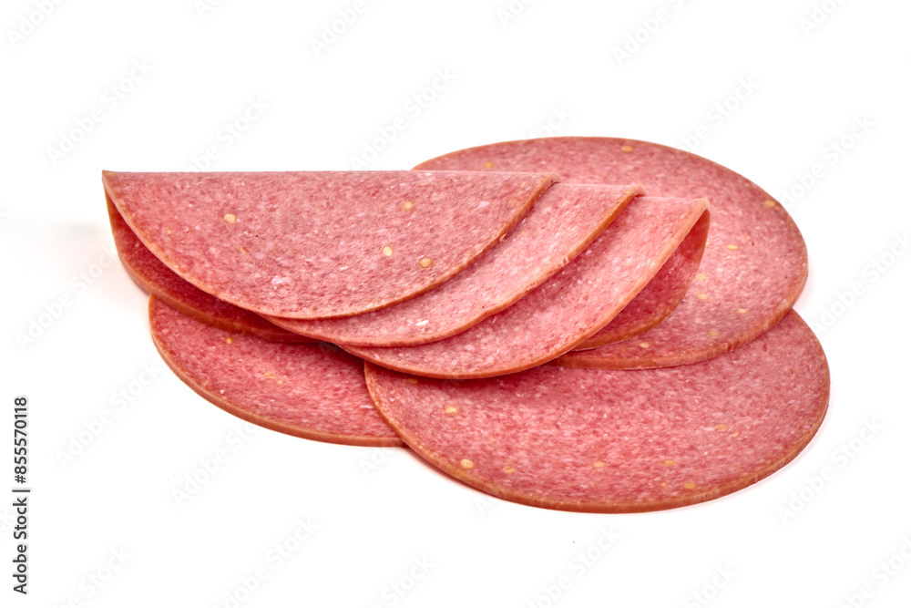 Thin salami sausage slices, isolated on white background. Thin salami sausage slices, isolated on white background.