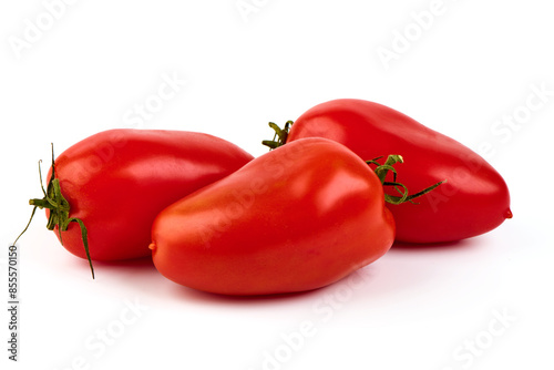Long red ripe italian san marzano pasta sauce tomatoes, isolated on white background.