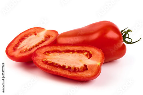 Long red ripe italian san marzano pasta sauce tomatoes, isolated on white background.