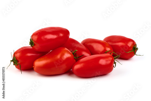 Long red ripe italian san marzano pasta sauce tomatoes, isolated on white background.