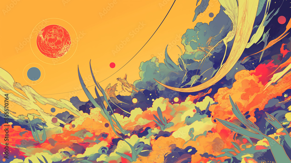 surrealistic elements on a background, with copy space